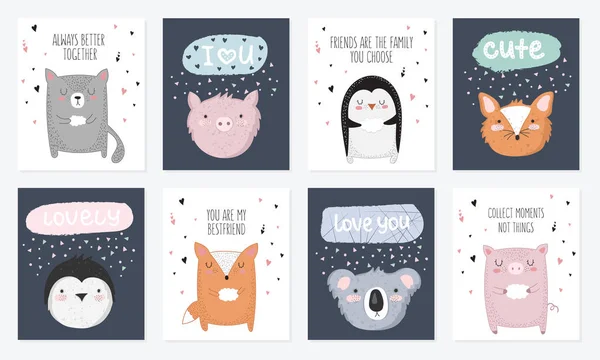 Ensemble Vectoriel Cartes Postales Avec Des Animaux Slogan Sur Ami — Image vectorielle