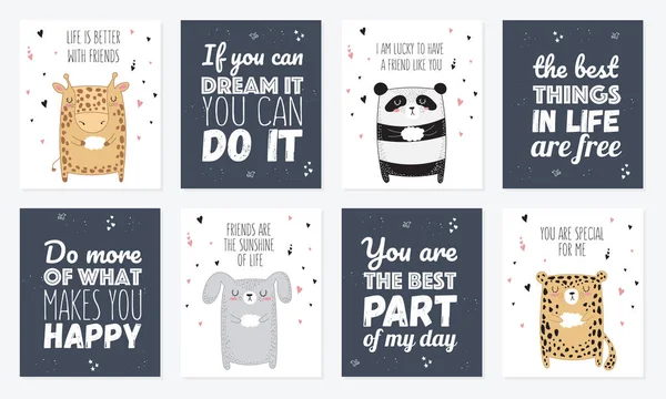 Serie Cartoline Vettoriali Con Animali Slogan Sull Amico Illustrazioni Doodle — Vettoriale Stock