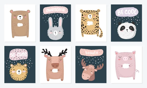 Vektör kartpostal hayvanlar ve sloganı ile arkadaş hakkında ayarlayın. Doodle illüstrasyon. Dostluk günü, Sevgililer, yıldönümü, duş bebek, Doğum günü, çocuk partisi