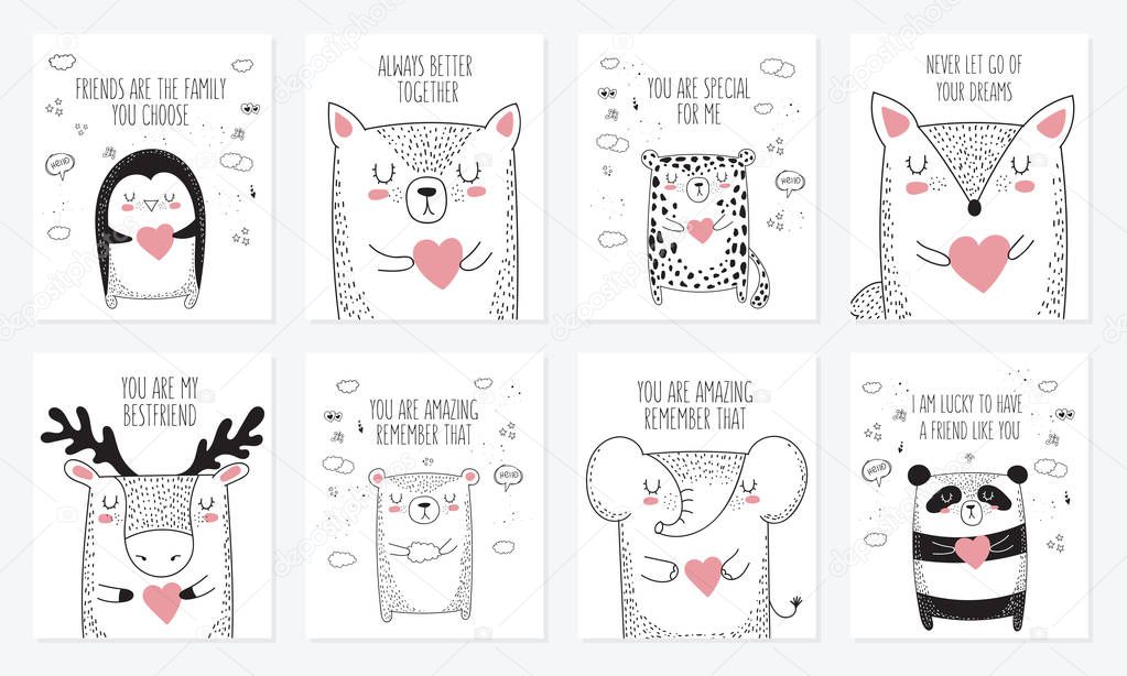 Vector set of postcards with animals and slogan about friend. Doodle illustration. Friendship day, Valentine's, anniversary, baby shower, birthday, children's party