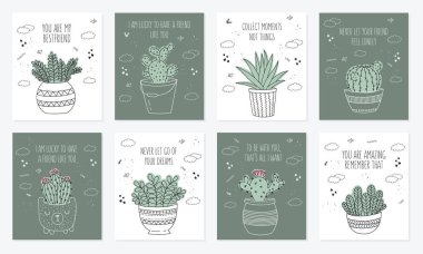 Vektör çizim için ev bitkisi ile kartpostal sloganı ile tencerede arkadaşının ayarlayın. Doodle illüstrasyon. Dostluk günü, Sevgililer, yıldönümü, duş bebek, Doğum günü, çocuk partisi