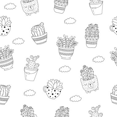 Vektör çizim için ev bitki saksı ile seamless modeli. Doodle illüstrasyon. Dostluk günü, Sevgililer, yıldönümü, duş bebek, Doğum günü, çocuk partisi