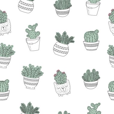 Vektör çizim için ev bitki saksı ile seamless modeli. Doodle illüstrasyon. Dostluk günü, Sevgililer, yıldönümü, duş bebek, Doğum günü, çocuk partisi