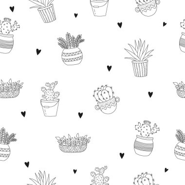Vektör çizim için ev bitki saksı ile seamless modeli. Doodle illüstrasyon. Dostluk günü, Sevgililer, yıldönümü, duş bebek, Doğum günü, çocuk partisi