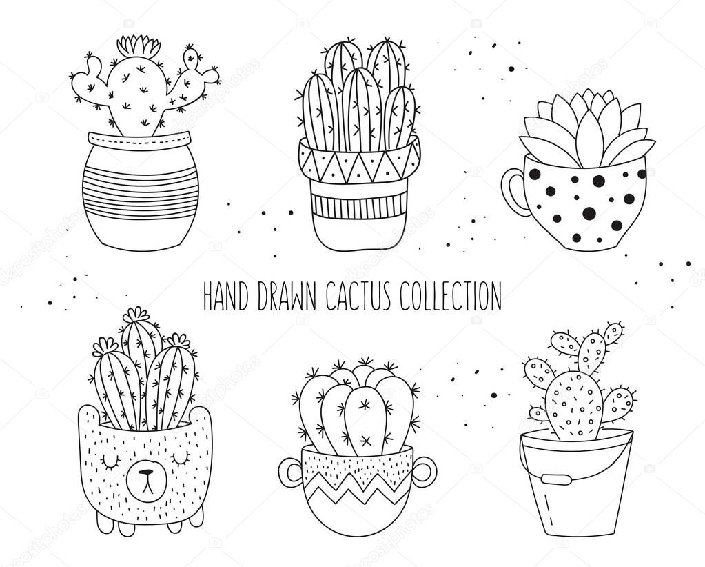 Vector line drawing set of house plants in pots. hand drawn doodle cactus collection. Friendship day, Valentine's, anniversary, baby shower, birthday, children's party