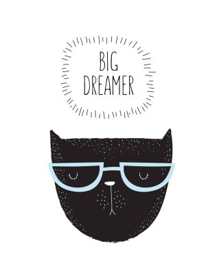 Çizgi çizme hipster kedi ve serin sloganı vektörel kartpostal. Doodle illüstrasyon. Dostluk günü, Sevgililer, yıldönümü, Doğum günü, çocuk veya genç parti