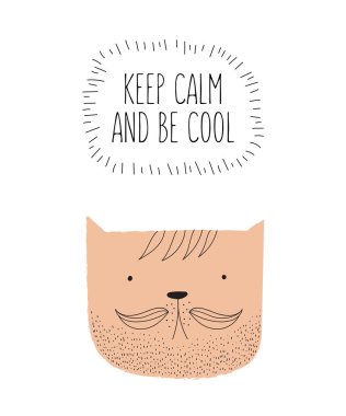 Çizgi çizme hipster kedi ve serin sloganı vektörel kartpostal. Doodle illüstrasyon. Dostluk günü, Sevgililer, yıldönümü, Doğum günü, çocuk veya genç parti