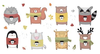 Vektör çizim için sonbahar hayvanlarda kazak ve eşarp koleksiyonu. Doodle illüstrasyonlar kümesi. Şükran günü, Sevgililer, yıldönümü, duş bebek, Doğum günü, çocuk partisi, sonbahar tatil