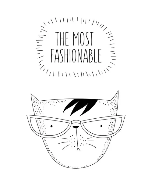 Vector Postcard Line Drawing Hipster Cat Cool Slogan Doodle Illustration — Stock Vector