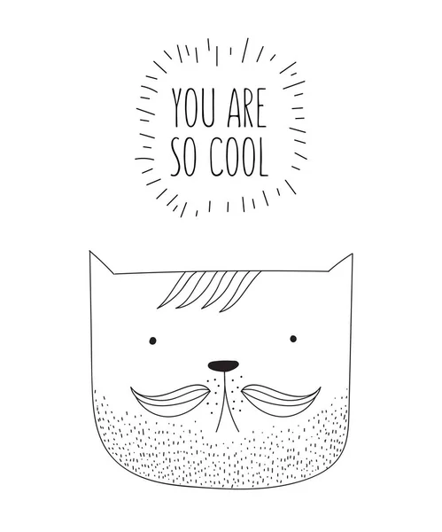 Vector Postcard Line Drawing Hipster Cat Cool Slogan Doodle Illustration — Stock Vector