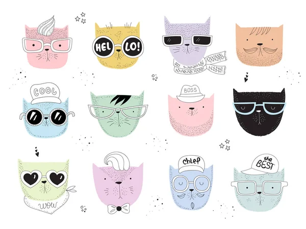 Colección Vectorial Líneas Dibujo Gatos Hipster Ilustración Doodle Día Amistad — Archivo Imágenes Vectoriales