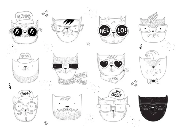 Colección Vectorial Líneas Dibujo Gatos Hipster Ilustración Doodle Día Amistad — Archivo Imágenes Vectoriales