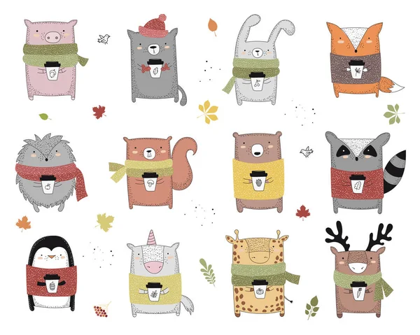 Collection Vectorielle Dessin Ligne Animaux Automne Pull Écharpe Série Illustrations — Image vectorielle