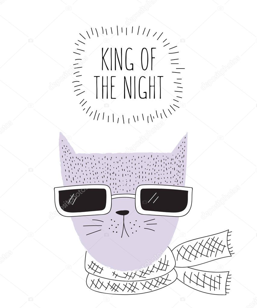 Vector postcard with line drawing hipster cat and cool slogan. Doodle illustration. Friendship day, Valentine's, anniversary, birthday, children's or teenager party