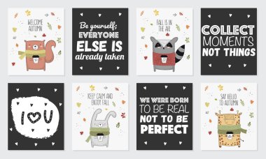 Vektör çizim için hayvan kazak ve sonbahar hakkında sloganı ile kartpostal koleksiyonu. Doodle illüstrasyon. Şükran günü, Sevgililer, yıldönümü, duş bebek, Doğum günü, çocuk partisi, sonbahar tatil