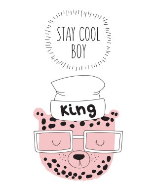 Çizgi çizme hipster leopar serin slogan ile vektör kartpostal. Doodle illüstrasyon. Dostluk günü, Sevgililer, yıldönümü, Doğum günü, çocuk veya genç parti