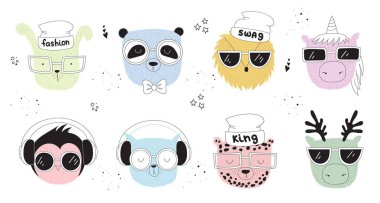 Vektör çizim için yenilikçi hayvanlar topluluğu. Doodle illüstrasyon. Dostluk günü, Sevgililer, yıldönümü, Doğum günü, çocuk veya genç parti, defter dekorasyon