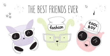 Vektör poster serin sloganı ile çizgi çizme hipster hayvanlarla. Doodle illüstrasyon. Dostluk günü, Sevgililer, yıldönümü, Doğum günü, çocuk veya genç parti