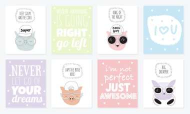 Kartpostal serin sloganı ile çizgi çizme hipster hayvanlarla vektör koleksiyonu. Doodle illüstrasyon. Dostluk günü, Sevgililer, yıldönümü, Doğum günü, çocuk veya genç parti