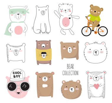 Şirin doodle ayı vektör koleksiyonu. Çok güzel nesneler üzerinde arka izole. Sevgililer günü, yıldönümü, duş bebek, Doğum günü partisi