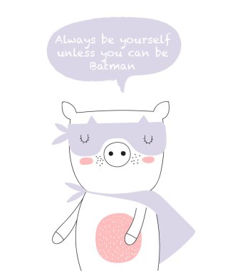 Vektör kartpostal serin sloganı ile çizim için süper kahraman domuzla. Doodle illüstrasyon. Dostluk günü, Sevgililer, yıldönümü, Doğum günü, çocuk veya genç parti