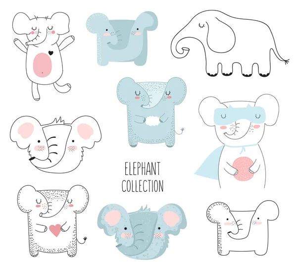 Vector Collectie Van Schattige Doodle Olifant Schattig Objecten Geïsoleerd Achtergrond — Stockvector