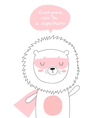 Çizim için süper kahraman aslan serin sloganı ile vektör kartpostal. Doodle illüstrasyon. Dostluk günü, Sevgililer, yıldönümü, Doğum günü, çocuk veya genç parti