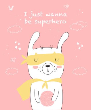 Çizim için süper kahraman tavşan serin sloganı ile vektör kartpostal. Doodle illüstrasyon. Dostluk günü, Sevgililer, yıldönümü, Doğum günü, çocuk veya genç parti