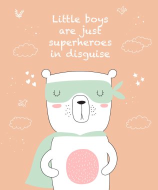 Çizim için süper kahraman ayı serin slogan ile vektör kartpostal. Doodle illüstrasyon. Dostluk günü, Sevgililer, yıldönümü, Doğum günü, çocuk veya genç parti