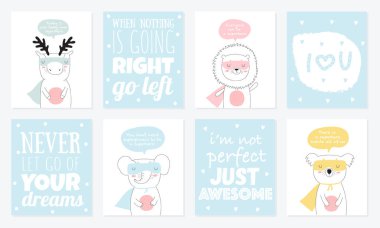 Süper kahraman hayvanlar ve serin sloganı ile vektör kartpostal toplama. Doodle illüstrasyon. Dostluk günü, Sevgililer, yıldönümü, Doğum günü, çocuk veya genç parti