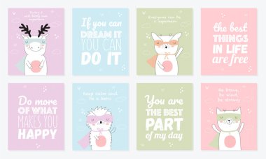 Süper kahraman hayvanlar ve serin sloganı ile vektör kartpostal toplama. Doodle illüstrasyon. Dostluk günü, Sevgililer, yıldönümü, Doğum günü, çocuk veya genç parti