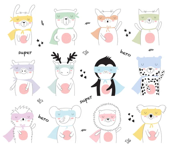 Vektör çizim için süper kahraman hayvanların coolection. Doodle illüstrasyon. Dostluk günü, Sevgililer, yıldönümü, Doğum günü, çocuk veya genç parti