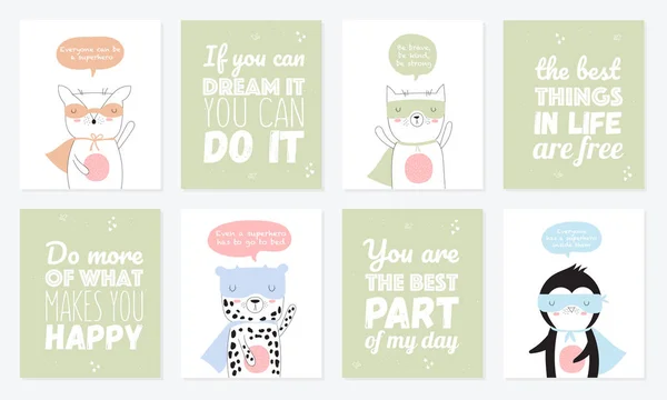 Vector Briefkaart Collectie Met Superheld Dieren Cool Slogan Doodle Illustratie — Stockvector