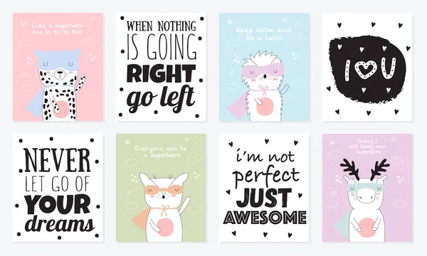 Collezione Cartoline Vettoriali Con Animali Supereroi Slogan Cool Illustrazione Doodle — Vettoriale Stock