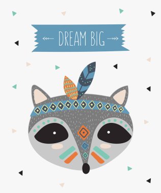 Vektör Hint kabile rakun motivasyonel sloganı ile karşı karşıya. Doodle illüstrasyon. Dostluk günü, Sevgililer, yıldönümü, Doğum günü, çocuk veya genç parti