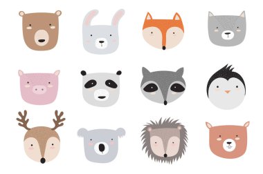 Vektör hayvan yüzleri koleksiyonu. Doodle illüstrasyon. Dostluk günü, Sevgililer, yıldönümü, Doğum günü, çocuk veya genç parti