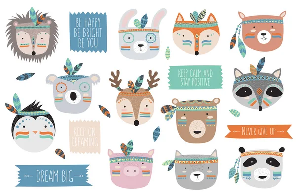 Vector Animales Tribales Indios Enfrenta Colección Con Lema Motivacional Ilustración — Vector de stock