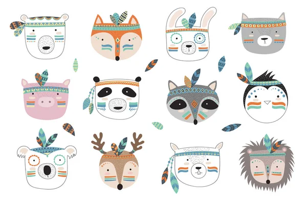 Vector Indiase Tribal Dieren Gezichten Collectie Doodle Illustratie Vriendschap Dag — Stockvector