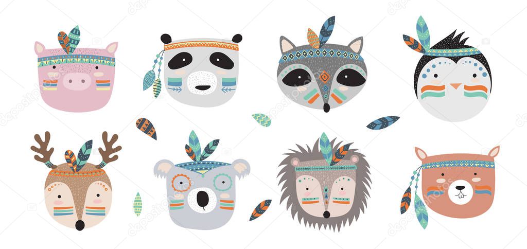 Vector indian tribal animals faces collection. Doodle illustration. Friendship day, Valentine's, anniversary, birthday, children's or teenager party