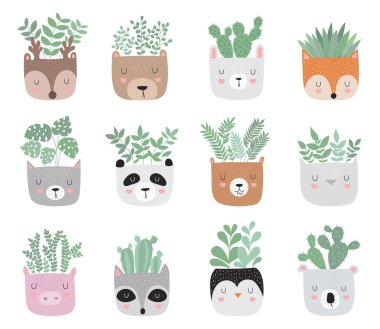 Karanfiller komik hayvan tencere vektör koleksiyonu. Çok güzel nesneler üzerinde arka plan, pastel renkler. Sevgililer günü, yıldönümü, duş bebek, Doğum günü