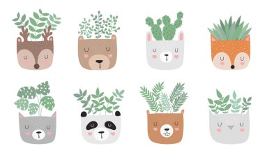 Karanfiller komik hayvan tencere vektör koleksiyonu. Çok güzel nesneler üzerinde arka plan, pastel renkler. Sevgililer günü, yıldönümü, duş bebek, Doğum günü