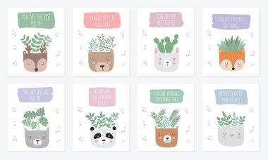 Vektör toplama karanfiller komik hayvan tencere ile şirin posterleri. Kartpostal arka plan, pastel renkler sevimli nesnelerle. Sevgililer günü, yıldönümü, bebek duş, birthda