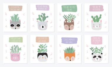 Vektör toplama karanfiller komik hayvan tencere ile şirin posterleri. Kartpostal arka plan, pastel renkler sevimli nesnelerle. Sevgililer günü, yıldönümü, bebek duş, birthda