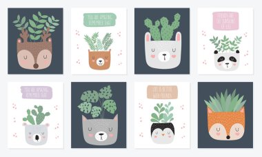 Vektör toplama karanfiller komik hayvan tencere ile şirin posterleri. Kartpostal arka plan, pastel renkler sevimli nesnelerle. Sevgililer günü, yıldönümü, bebek duş, birthda