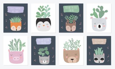 Vektör toplama karanfiller komik hayvan tencere ile şirin posterleri. Kartpostal arka plan, pastel renkler sevimli nesnelerle. Sevgililer günü, yıldönümü, bebek duş, birthda