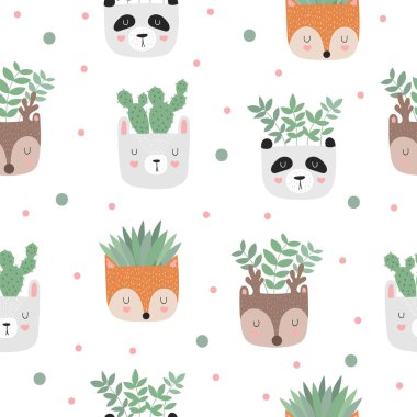 Vektör karanfiller komik hayvan tencere ile seamless modeli. Çok güzel nesneler, pastel renkler ile arka plan. Sevgililer günü, yıldönümü, bebek duş, birthda