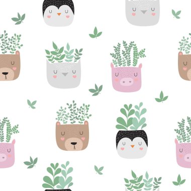 Vektör karanfiller komik hayvan tencere ile seamless modeli. Çok güzel nesneler, pastel renkler ile arka plan. Sevgililer günü, yıldönümü, bebek duş, birthda