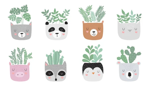 Colección Vectorial Plantas Casa Macetas Animales Divertidos Objetos Adorables Sobre — Archivo Imágenes Vectoriales