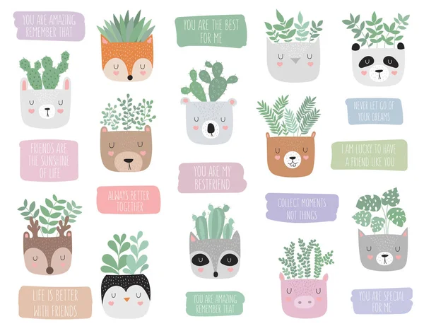 Colección Vectorial Plantas Casa Ollas Animales Divertidos Eslóganes Motivacionales Objetos — Vector de stock