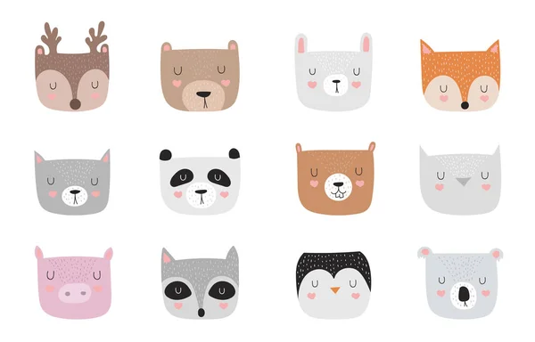 Colección Vectorial Caras Animales Divertidos Objetos Adorables Sobre Fondo Colores — Vector de stock